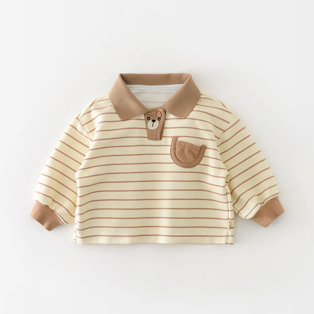 

2026 Spring New Baby Long Sleeve Casual Sweatshirt Boys Striped Polo Shirts Toddler Girls Cotton Lapel Tops Toddler Clothes