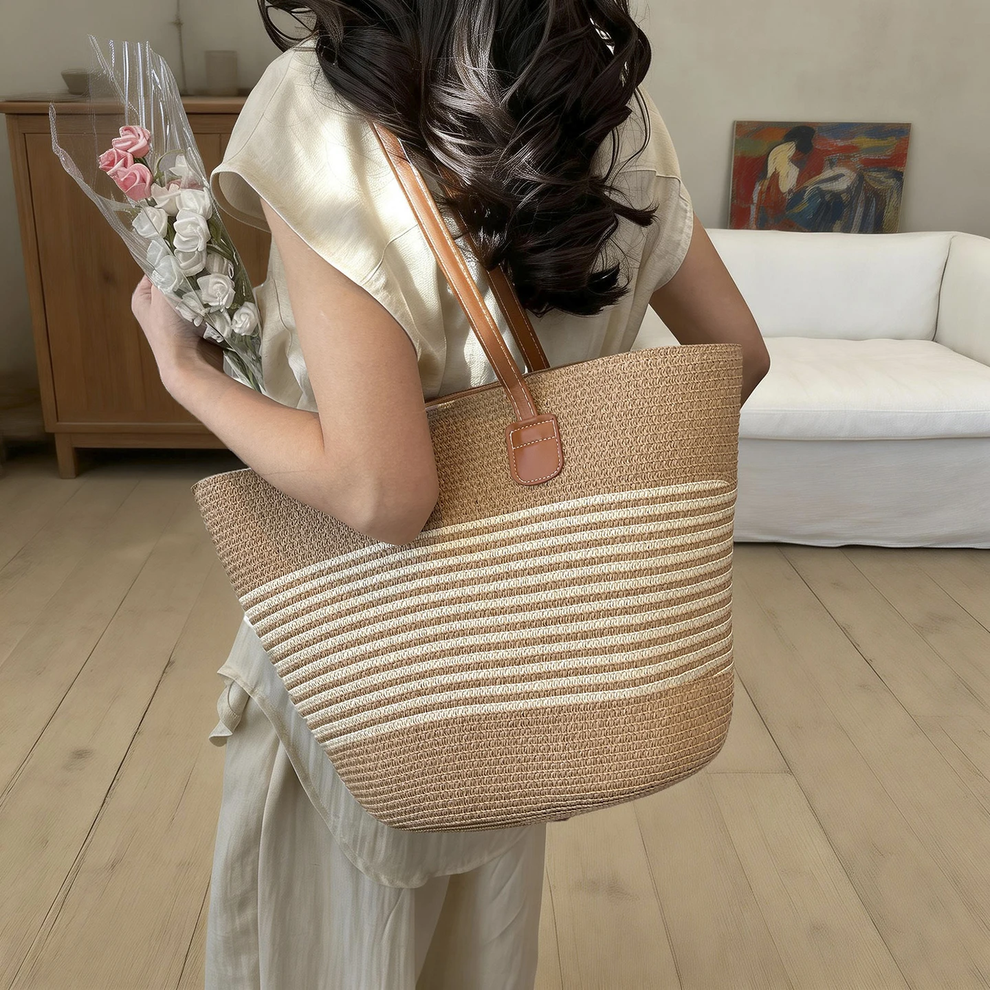 

Stripe Woven Straw Bucket Bag with Shoulder Strap Summer Beach Tote Bag For Women