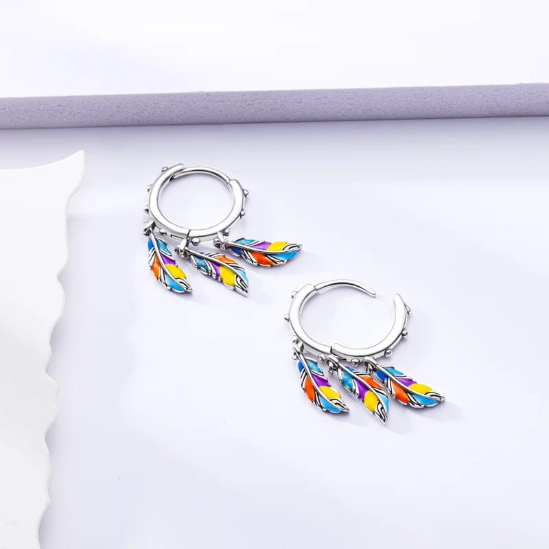 

New 925 Sterling Silver Dream Catcher Colorful Feather Women Earrings Brilliant Wedding Engagement Star Earrings Jewelry Gift