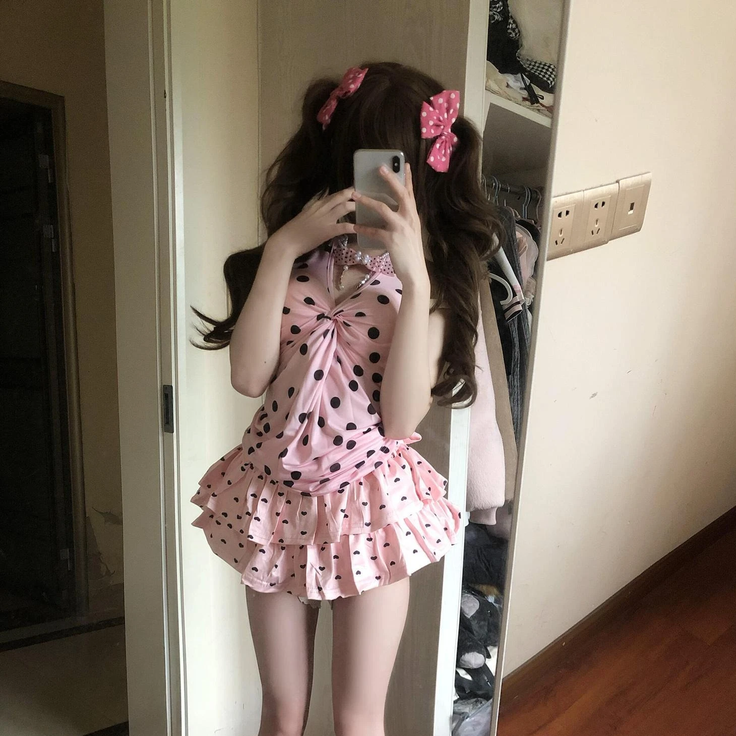 

2026 Summer Two Piece Outfit Vintage Sweet Girl Polka Dot Halter Cami Top High Waist Skirt Y2K Japanese Harajuku Skirtsuit