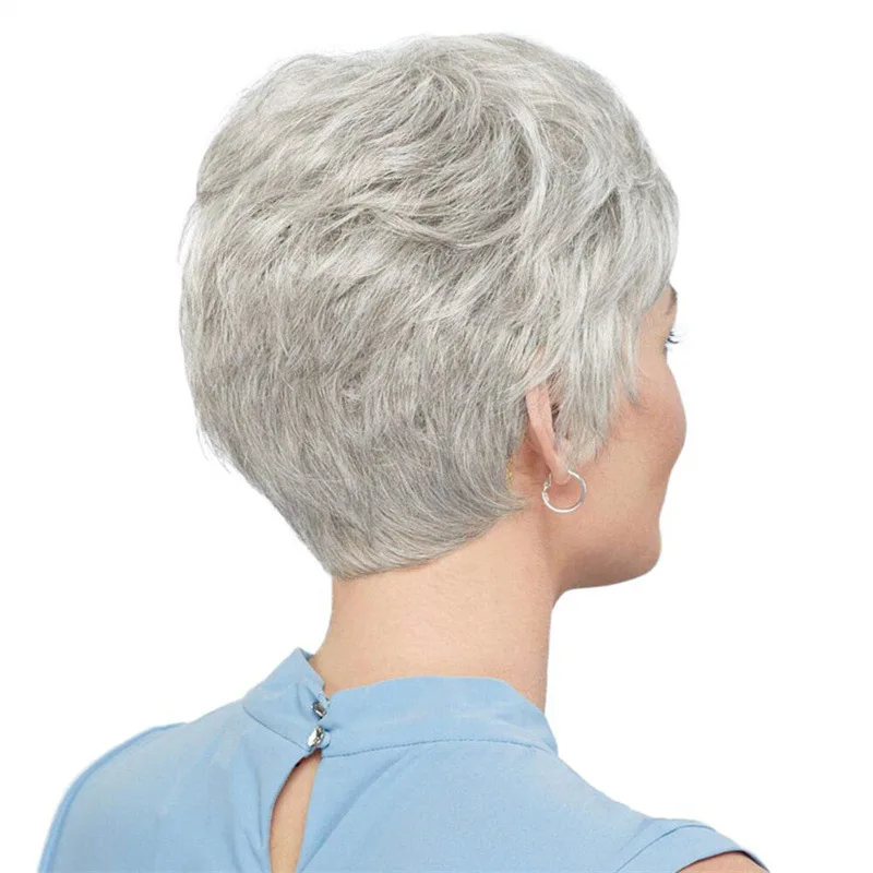 Granny Grey Wig Side Part Short Straight Hair For Middle-Aged Breathable Wig Synthetic Fiber High Temperature Silk Head Cover