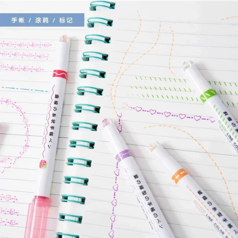 3color Linear Roller Seal Highlighter Color Hand Account Curve Flower Type Wave Line Hand Account Mark Key Word Marker Pens 2024