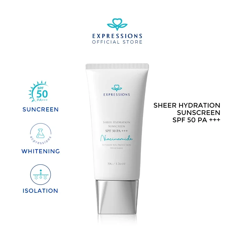 

EXPRESSIONS SHEER HYDRATION SUNSCREEN SPF50 PA+++ DOUBLE SUN PROTECTION INDEX, SUPERIOR ANTI-AGING