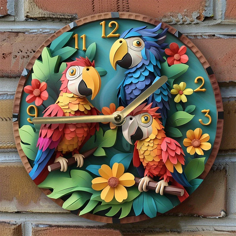 DIY Silent Wall Clock Kit with 3D Parrot Design, Includes High-Definition 2D Printing - Easy Assembly Home Decor for Living Room