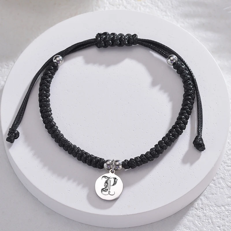 Letdiffery Custom Engraved Initials A to Z Pendant Bracelet Stainless Steel Adjustable Black Rope Bracelet for Women Men Jewelry