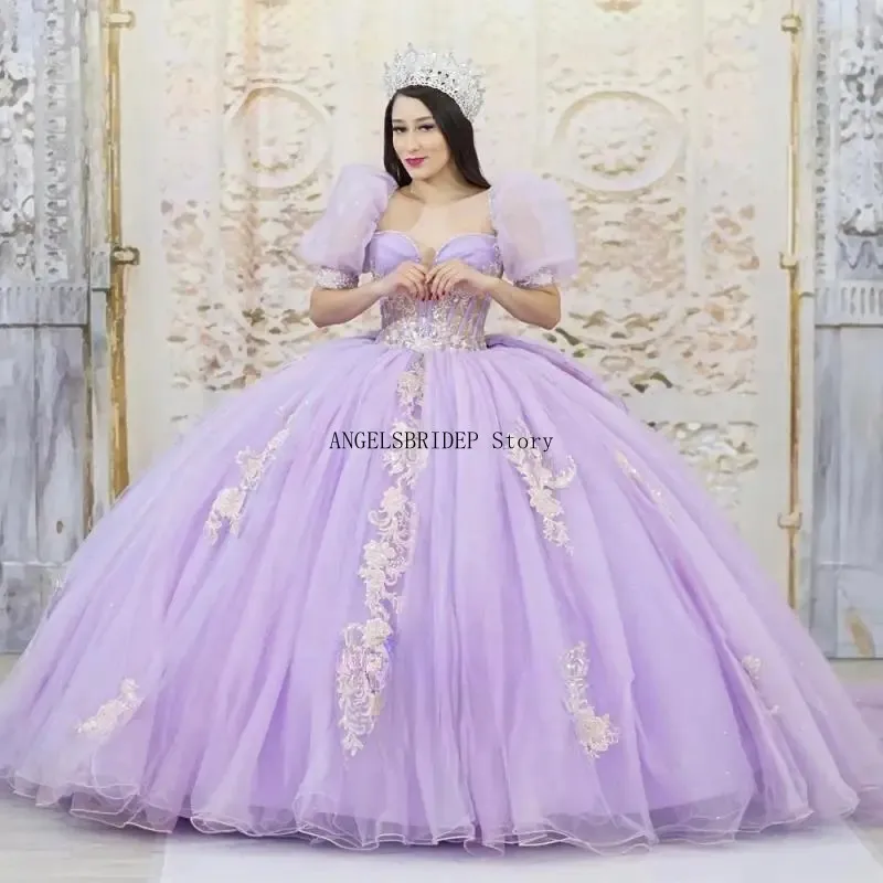 ANGELSBRIDEP Lilac Mexican Quinceanera Dresses For Girls Lantern Sleeves Rhinestones Beads Tulle Vestidos De 15 Anos Customized