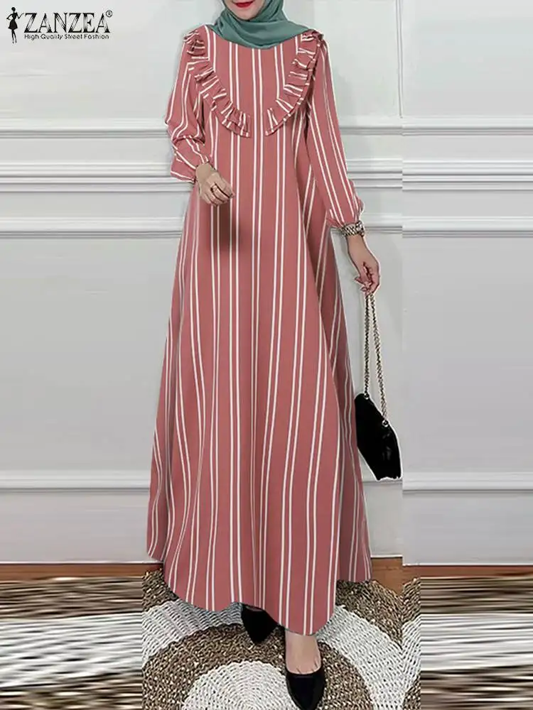 2024 ZANZEA Fashion Women Spring Vintage Abaya Dubai Turkey Vestido Ruffles Sundress Long Sleeve Striped Muslim Dress Robe Femme