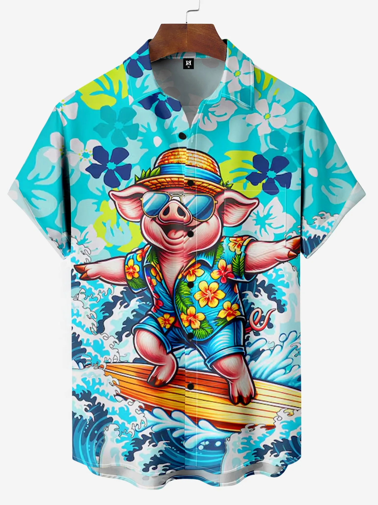 Men's Shirts Short Sleeve Surf Animal Print Button Down Shirt Summer Beach Wear Camping Tops Mens Casual Clothing
