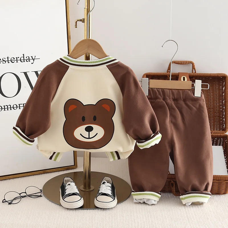 Autumn 2024 Children Boys 3PCS Clothes Set Cartoon Cotton Pullovers Patchwork Sleeve Coat Striped Hem Pants Toddler Boys Outfits