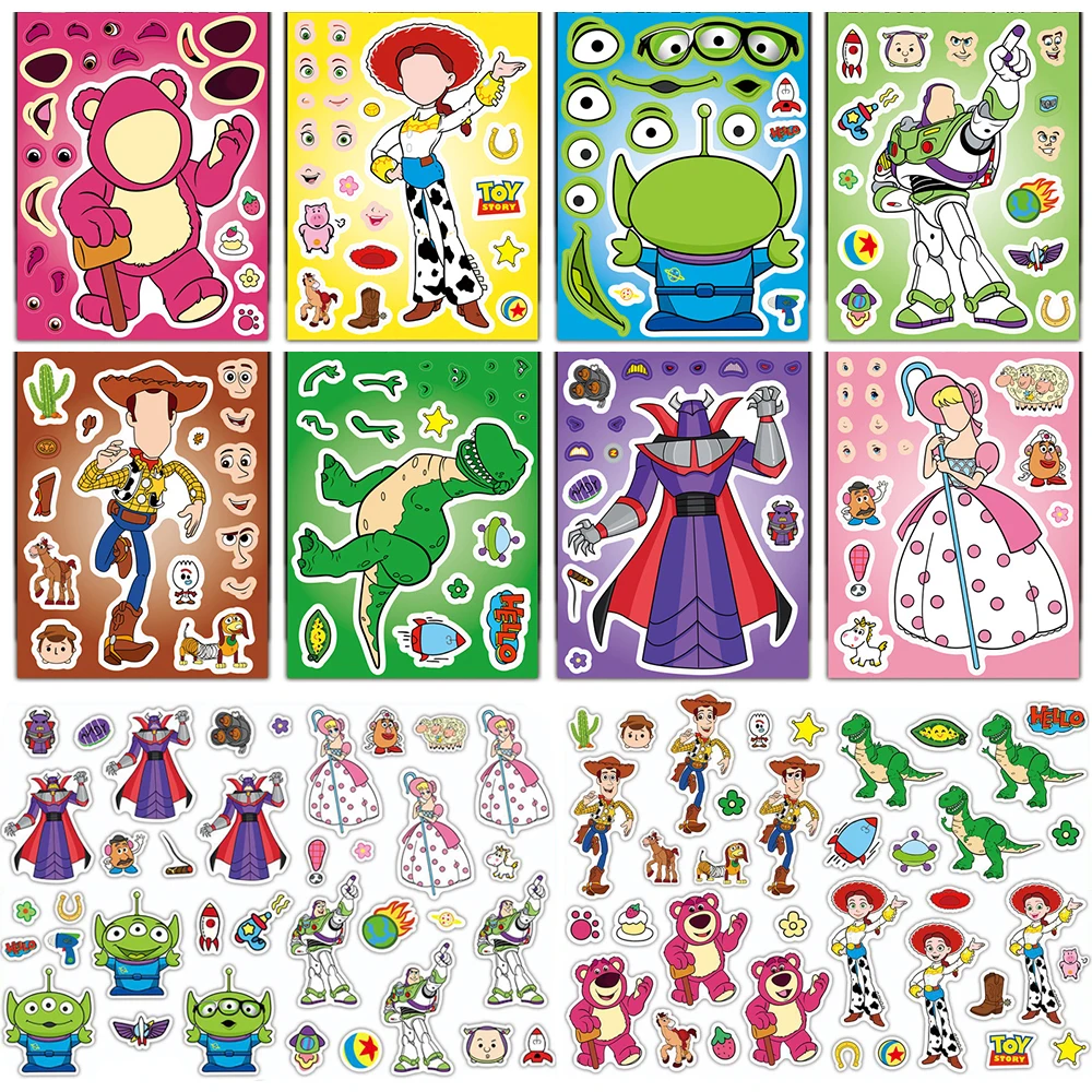 

8/16sheets Cute Disney Cartoon Toy Story Puzzle Stickers Buzz Lightyear Make a Face DIY Fun Assemble Jigsaw Decals Kids Toy Gift