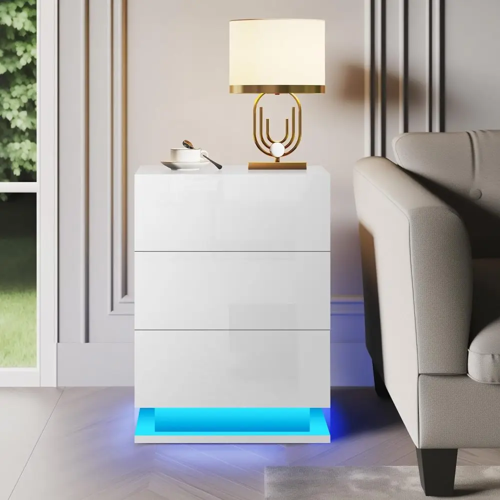 LED Nightstand with 3 Drawers White Bedside Table Modern End Side Table for Bedroom