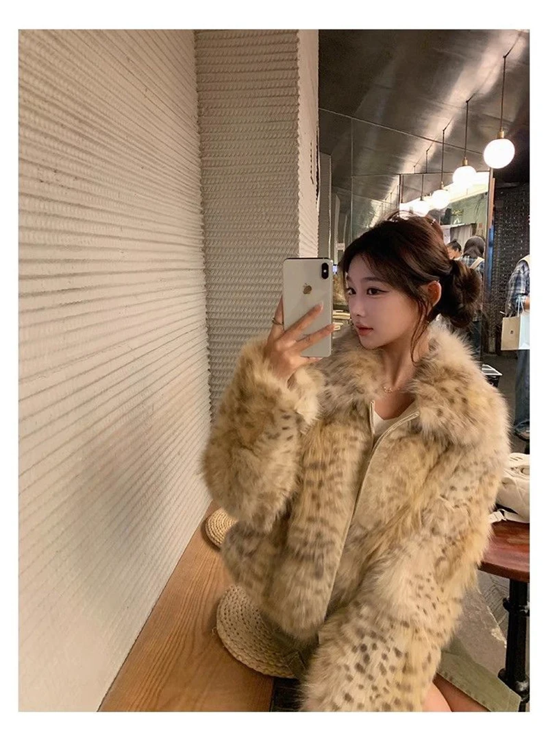 Leopard Faux Fur Coat Women Winter Thick Warm Vintage Streetwear Jacket Casual Zipper Female Retro American Hip Hop Outwear Tops