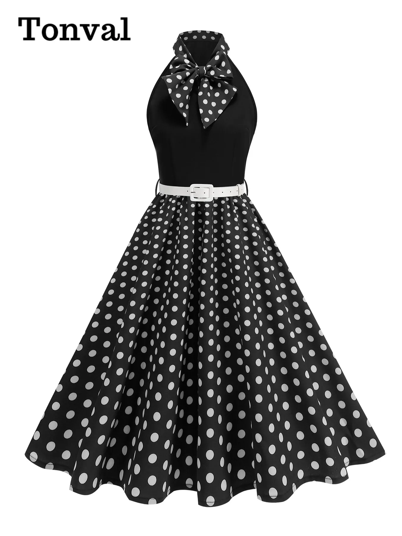 Tonval Strikhals Halter Hals Polka Dot 50s Retro Feestkleding voor Vrouwen Prom Vintage Cosplay Kerst Mouwloze Jurken