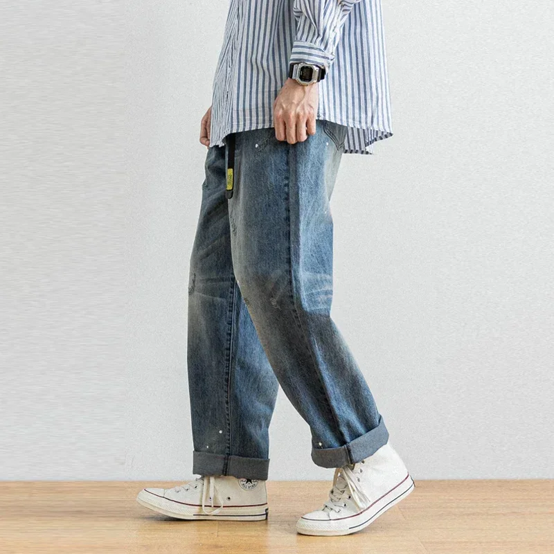 Water Wash Splash Paint Dot Moustache Effect  Hole Make Old Straight Tube Men's Versatile Jeans Trendy