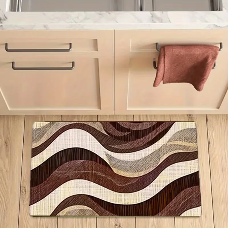 Brown Toned Woven Wavy Striped Doormat Retro Fabric Texture Curved Line Design Non Slip Kitchen Floor Mat For Entryway Decor