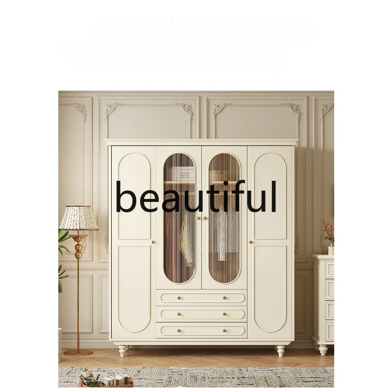 

American all-solid wood wardrobe household bedroom cream wind four-door wardrobe French wall storage locker
