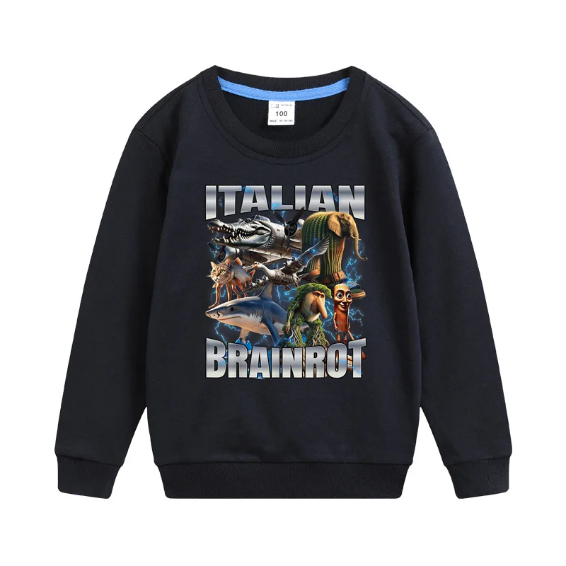 Kinder italienische Brainrot Kleidung Herbst und Winter Rundhals Mäntel langärmelige Hoodies Jungen Pullover