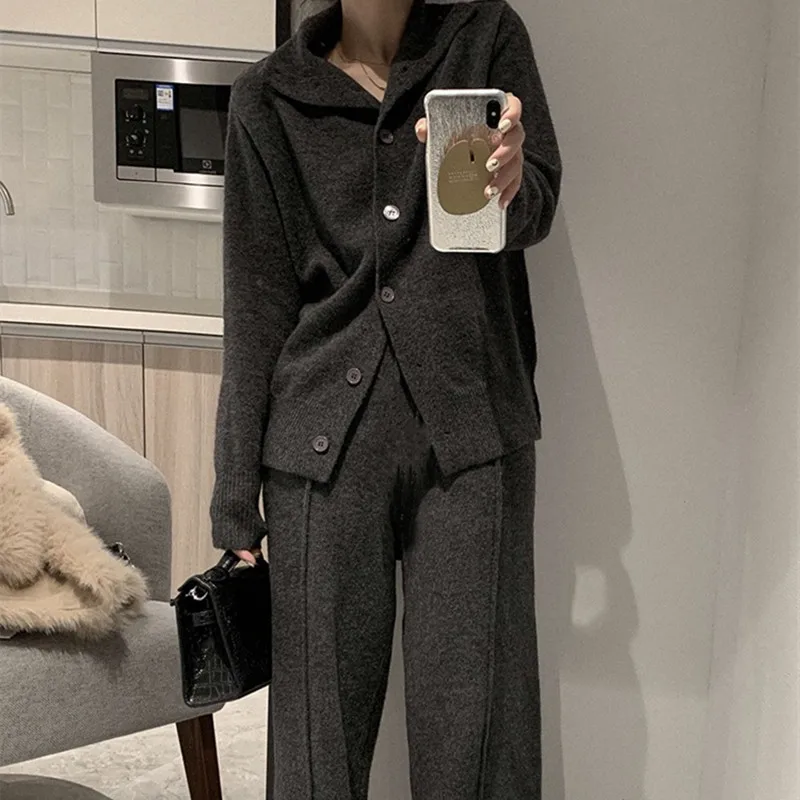 Autumn Winter Knitted Cardigan Women Loose Sweater Slit Knit Trousers Two Piece Set Office Lady Wide Leg Pants Lace Up E12293