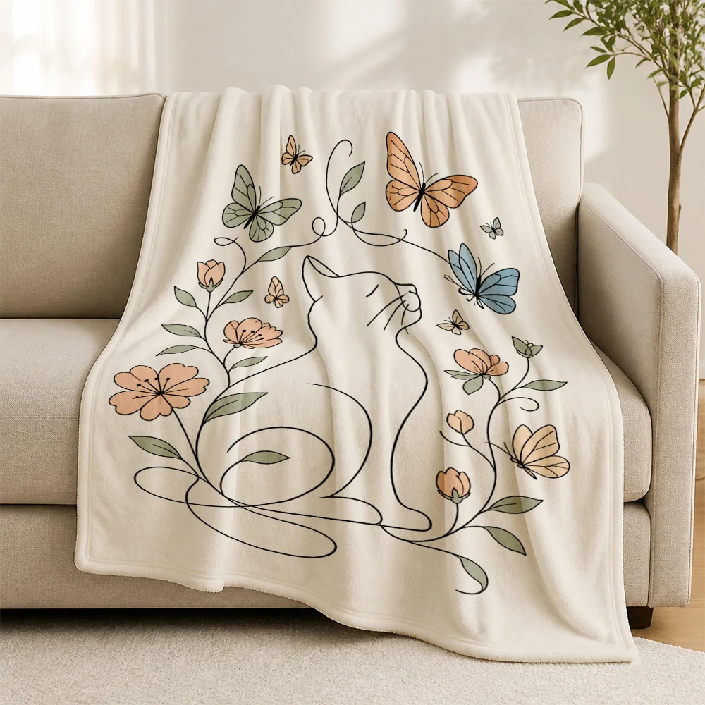 Aesthetic Cat Butterfly Floral Print Throw Blanket Cozy Sofa Couch Throw Boho Tapestry Decorative Plush Winter Knit Wrap