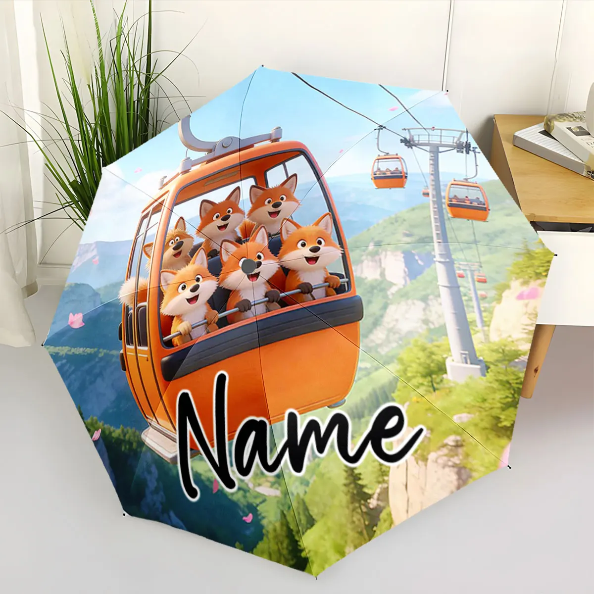 Custom Name Umbrella Foxes in Cable Car Adventure Umbrella Print 8 Iron Ribs Folding Umbrella Auto-Open Fashion Sunshade