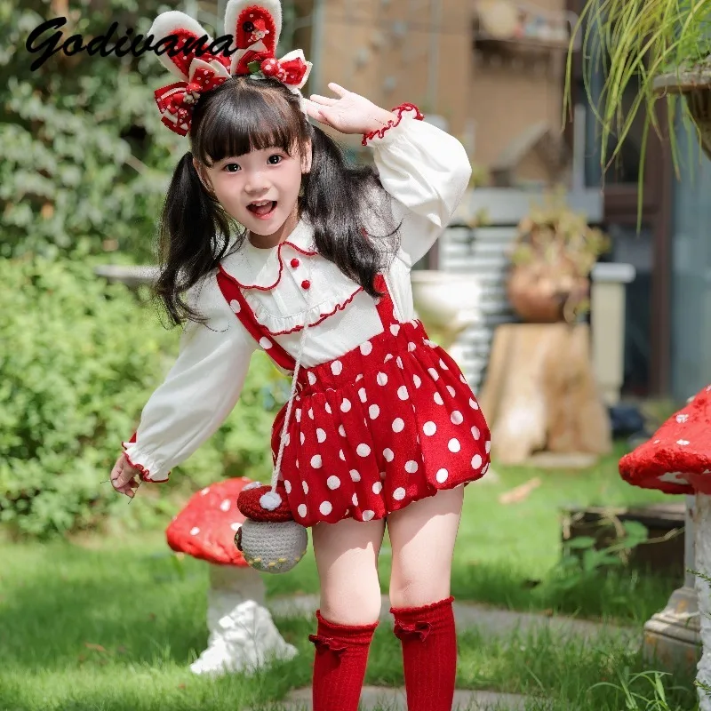 

Original Baby Girls Spring and Autumn Lolita 2pcs Set Cute Peter Pan Collar Ruffle White Blouse Red Polka Dot Bloom Overalls Set
