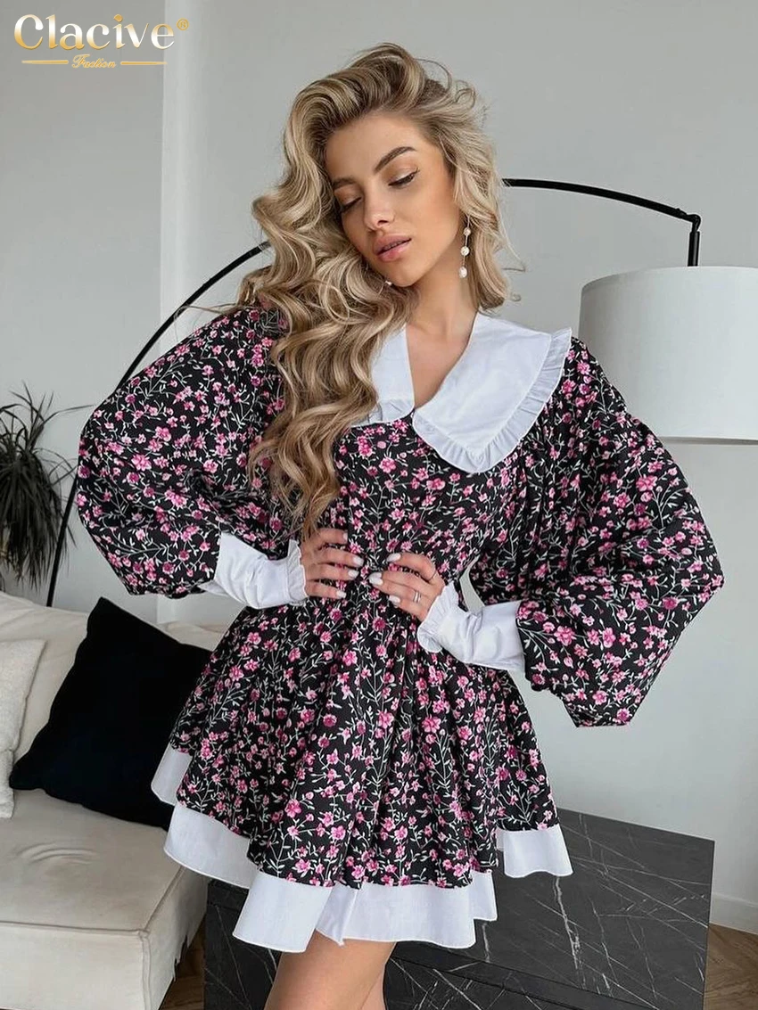 Clacive Fashion Loose Print Women's Dress Fashion Doll Collar Lantern Sleeve Mini Dresses Elegant Classic Patchwork Female Dress