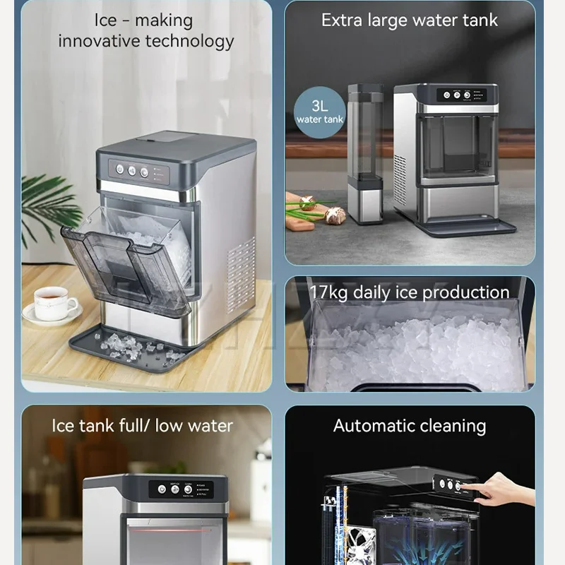 17KG/DAY Home Ice Maker Self-Cleaning Portable Countertop Ice Maker Soft-Chew Granular Ice Machine With Auxiliary Water Tank