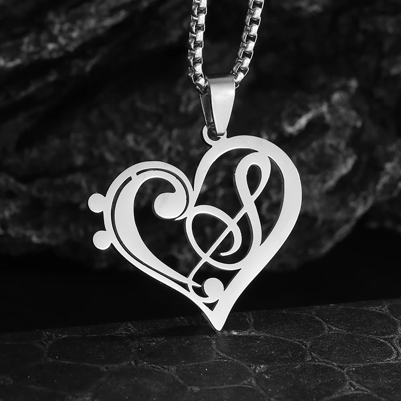 Stainless Steel Romantic Heart Music Symbol Pendant Necklace for Men Women Hip Hop Band Concert Jewelry Couple Gift