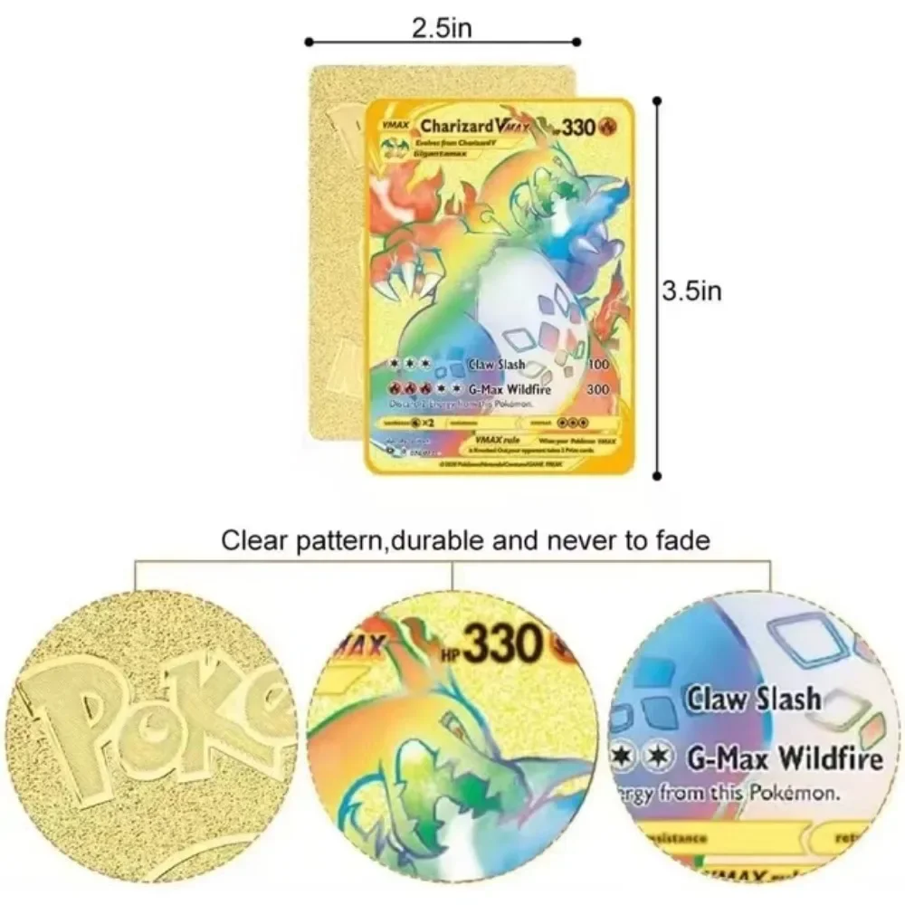 20 Style Pokemon Cards Gold Metal Pokemon Cards  English Hard Iron Cards Mewtwo Pikachu Gx Charizard Vmax Package Game Coll