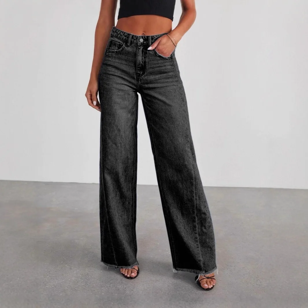 

2026 New Product Loose Wide-Leg Side Seam Patchwork Frayed Hem Jeans for Women