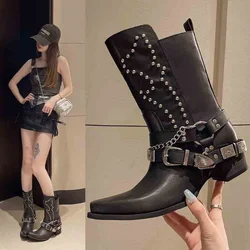 Women Chunky Mid-heel Boots Ladies Autumn Buckle Women Platform Knee High Boots Punk Street Fashion Rivet Western Cowboy Boots