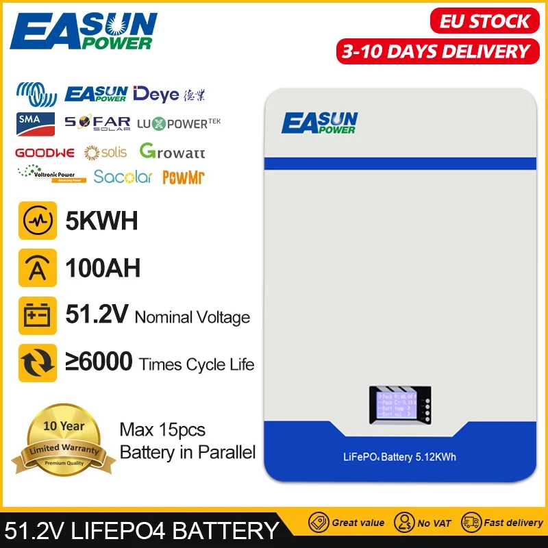 Easun 48V 51.2V 16S Powerwall Lifepo4 Lithium-Ijzerbatterij 100ah/5wh 200ah/10wh Parallel 6000 + Cyclus Bms Voor Zonne-Energie En Thuis