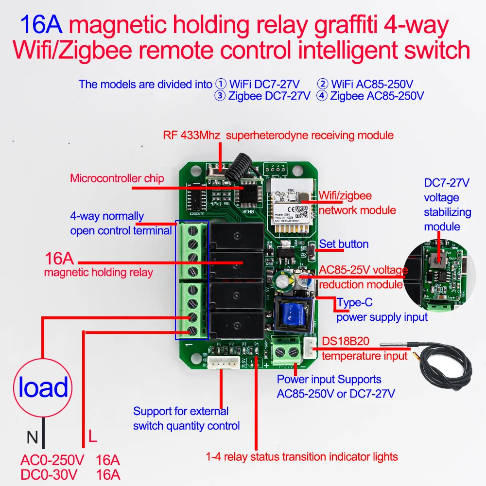 Tuya 4 Channel WiFi/Zigbee Remote Control Smart Switch DC7-27V AC85-250V 16A Magnetic Latching Relay Support Temperature Input