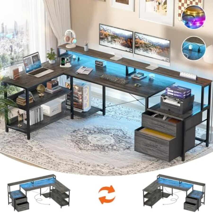 L Shaped Desk with Power Outlet Reversible L Shaped Computer Desk with File Drawer Monitor Stand Gaming Desks with LED Strip Ho