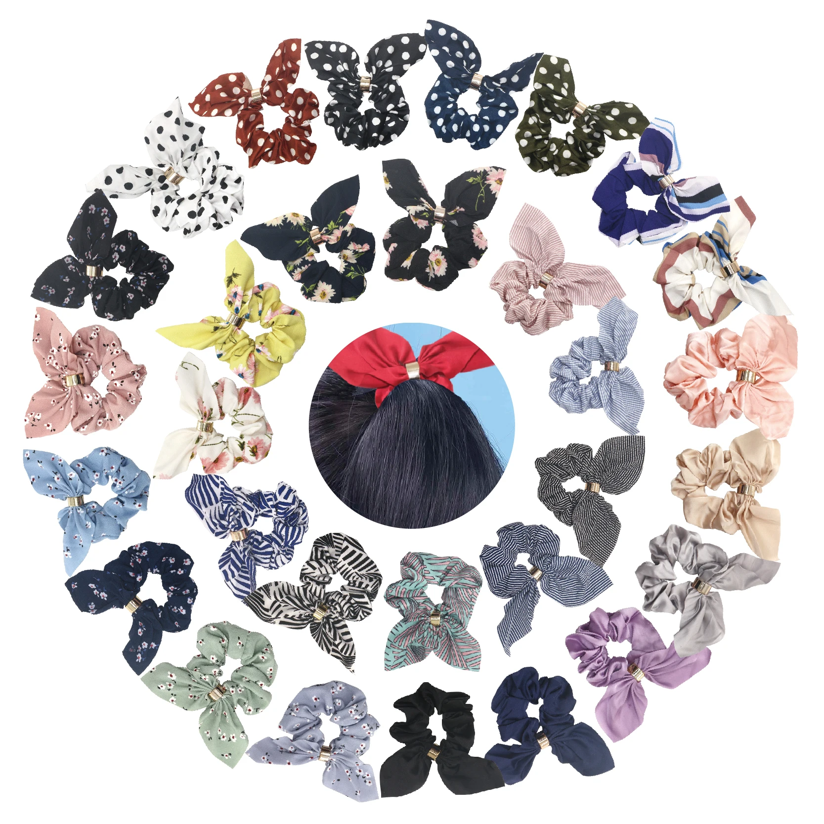 Bohemian Fashion Flower Printed Satin Elastic Long Ribbon Hair Bands Ponytail Scarf Tie Women Scrunchies Accessories solid bow