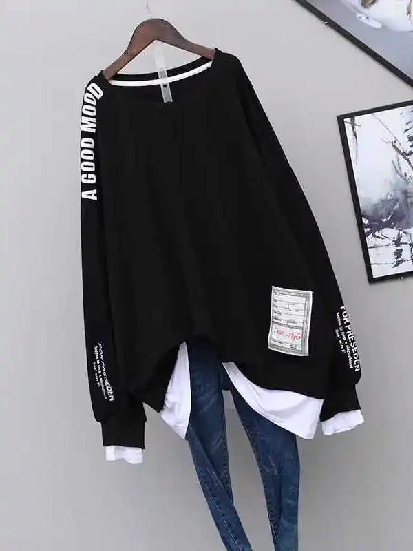 plus Size 300 Pounds Women's Sweatshirt Fake Two-Piece Thin Loose Slimming Medium-Length Butt Covering Spring Autumn Top