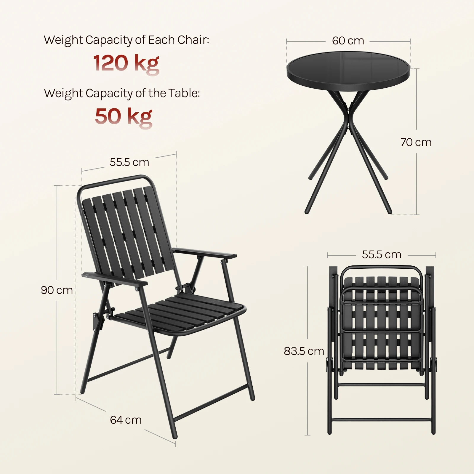 WOLTU Balkonmöbel-Set, runder Outdoor-Tisch mit 2 Klappstühlen, Metallrahmen, wetterfeste Outdoor-Sitzgelegenheit für Balkon, Terrasse, Garten. – Detail 4