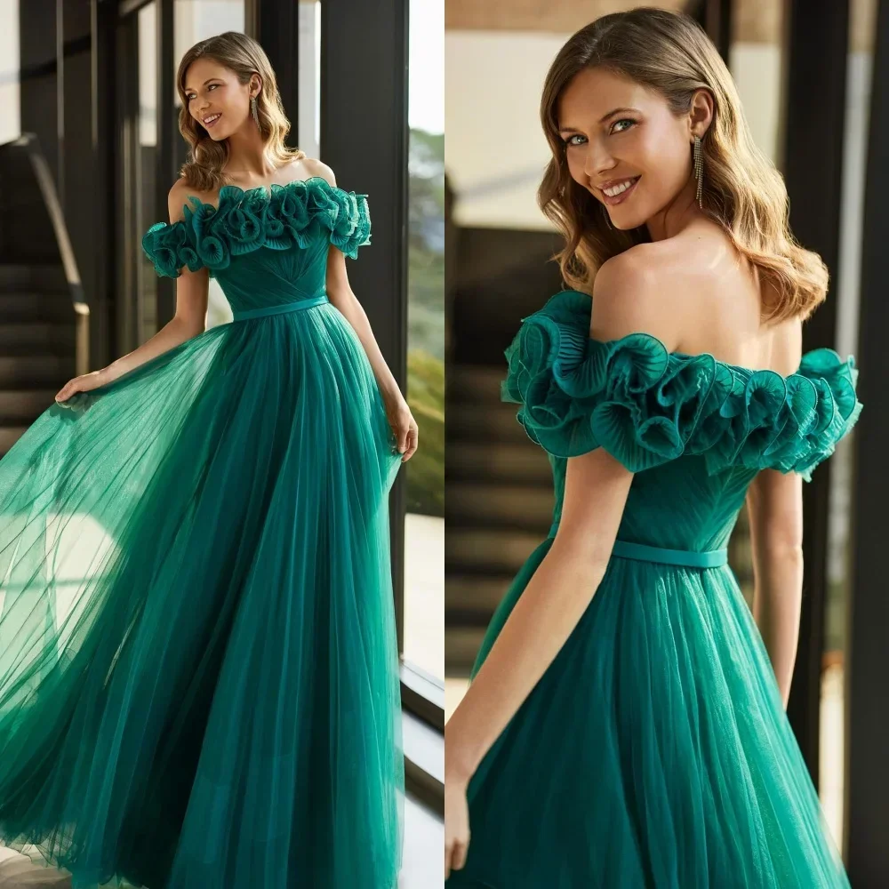 맞춤형 튤 주름 장식 셀러브리티 A라인 오프숄더 맞춤형 행사 드레스 롱 드레스