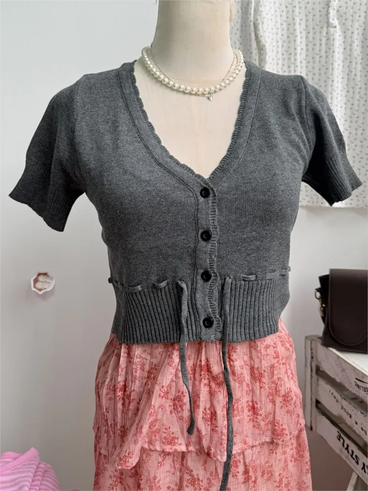 Solid Drawstring Slim Cropped Knitwear Top WomenV-neck Short Sleeve Cotton Thin Short T-shirts Sweet Casual Simple Crop Tops
