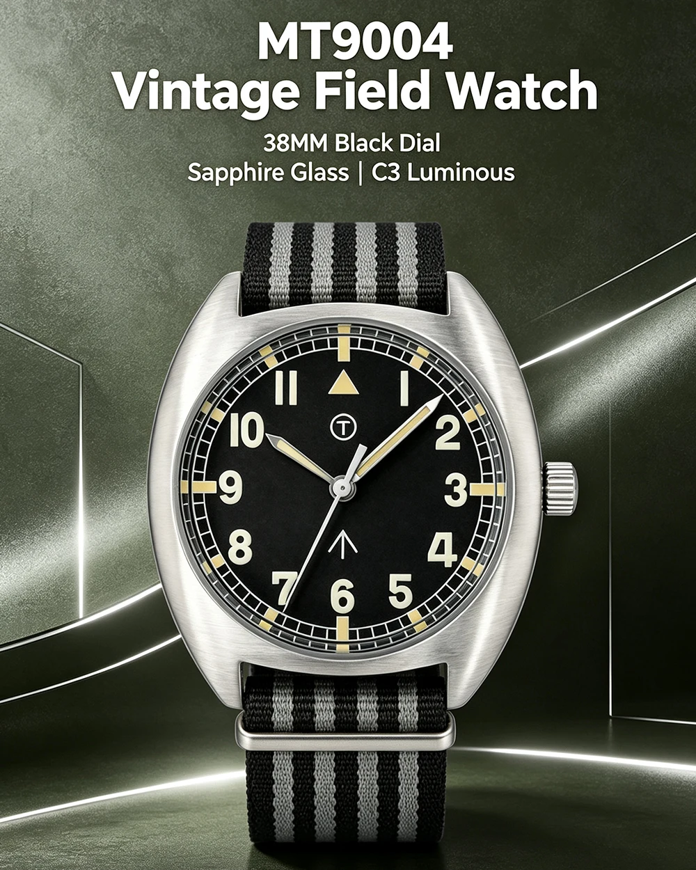 MILITREK MT9004 Vintage-Militär-Quarzuhr, 38 mm, 316L-Edelstahl, 100 m wasserdicht, Saphirglas, C3, leuchtende Herren-Felduhr – Detail 1