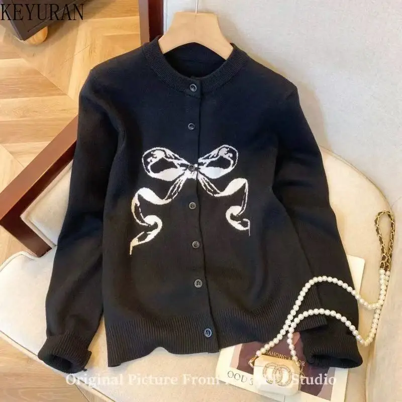 

Black Korean Bow Knitted Cardigan Sweaters Women Autumn Winter New Sweet O-Neck Button Casual Long Sleeve Knitwear Coats Tops
