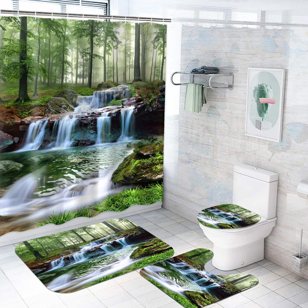 4-piece forest river waterfall printed waterproof shower curtain with 12 hooks and bathroom floor mats
