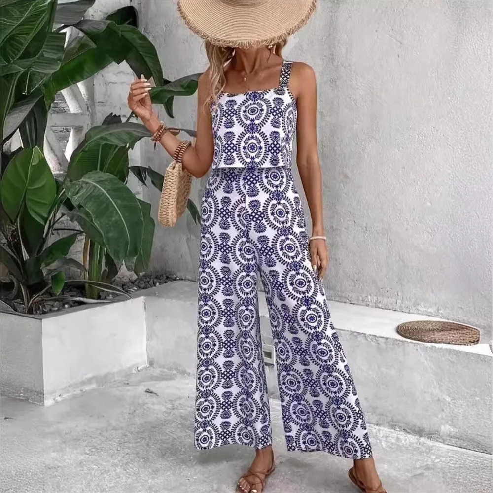 2024 New Women Floral Jumpsuit Sexy Suspender Waist Wide Leg Women\'s Jumpsuit Casual Sleeveless Summer Women\'s Wear