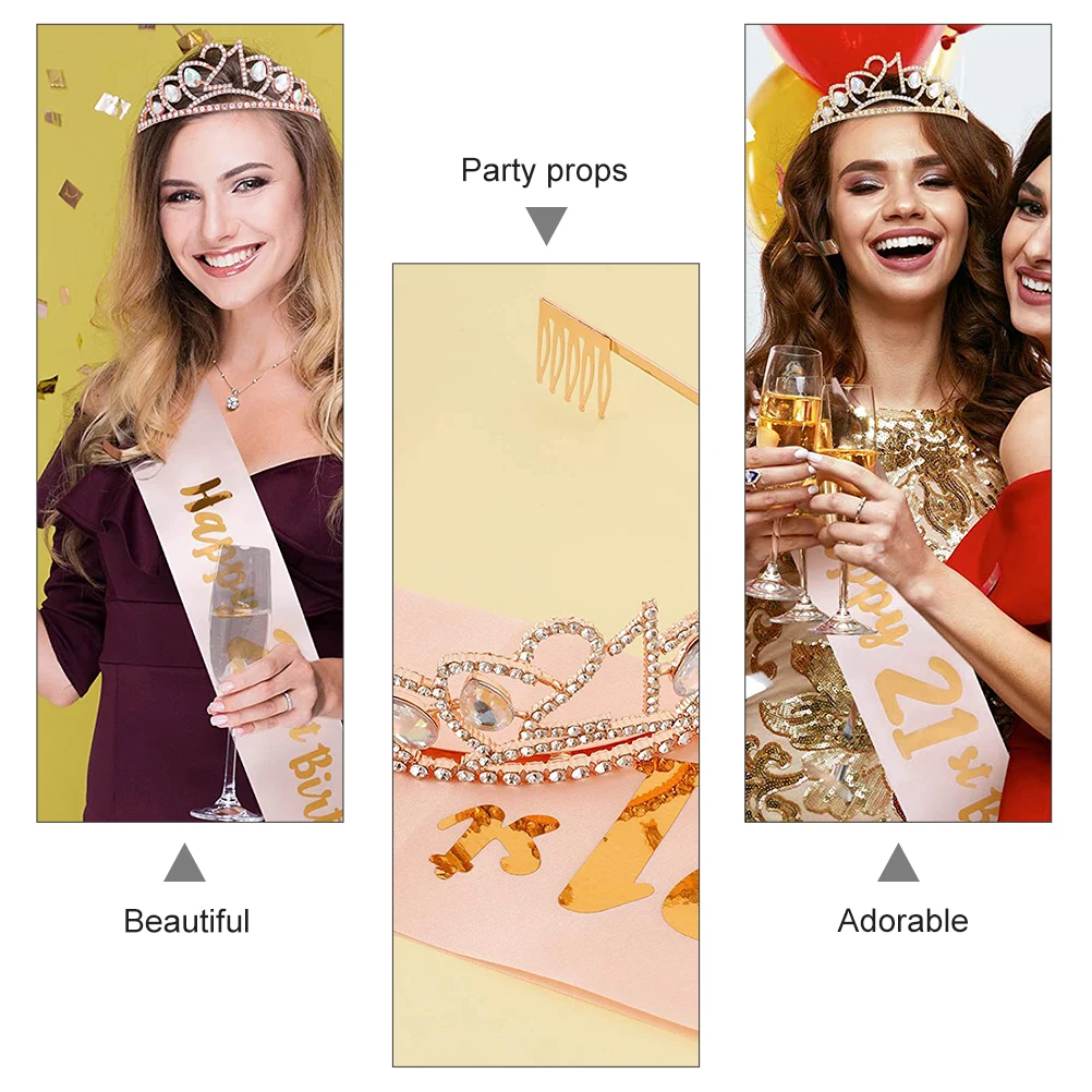 

1Set Birthday Crown Sash Party Combo Comfortable Rhinestone Tiara Headband Shoulder Strap Birthday Supply Party Dressing
