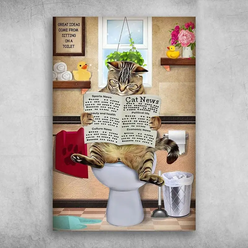 Cat Reading Newspaper On The Toilet Vintage Tin Sign Wall Art Plaque Decoration Mural Funny Gifts for Kitchen Coffee Bar Laundry