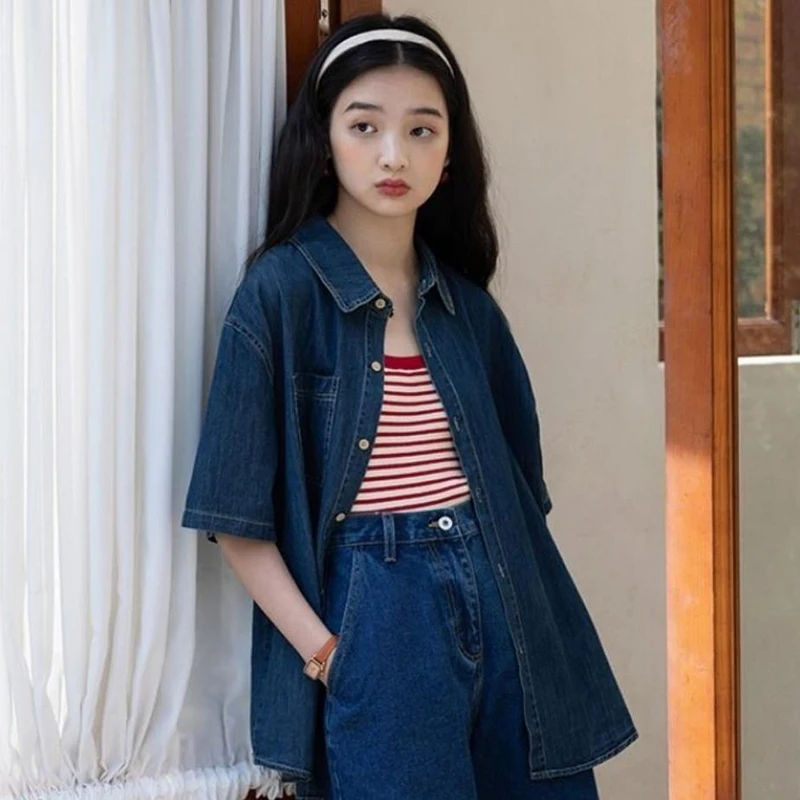 Rimocy Korean Style Short Sleeve Denim Blouse Women Summer Button Up Jean Shirts Woman Vintage Pocket Loose T Shirts Ladies