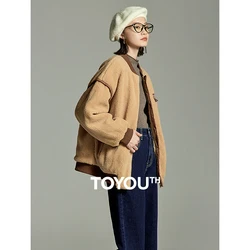 Toyouth Women Thickened Baseball Coat 2023 Winter Long Sleeve Stand Collar Loose Jacket Reversible Fashion Casual Warm Outwear