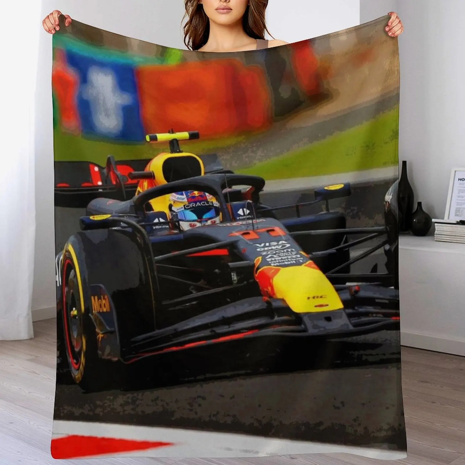 Sergio Checo Perez racing his 2024 F1 racecar abstract Throw Blanket Beach Luxury Brand blankets ands Blankets