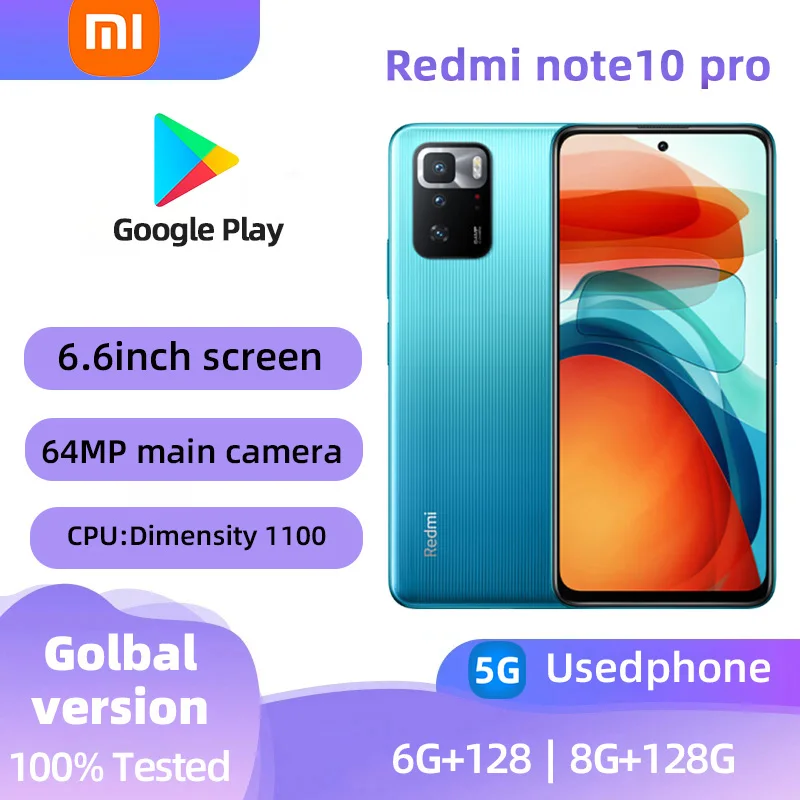 Xiaomi Redmi note10 pro 5G Android 6.6 inch RAM 8GB ROM 128GB MediaTek Dimensity 1100 used phone