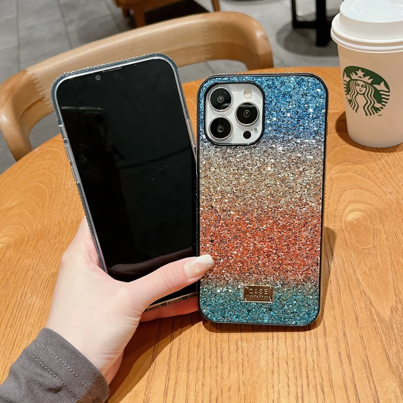 Funda de arcoíris degradado de cuatro colores para IPhone 16, 15, 13, 14, 12 Pro Max 11, funda trasera dura de silicona con purpurina y diamantes a prueba de golpes